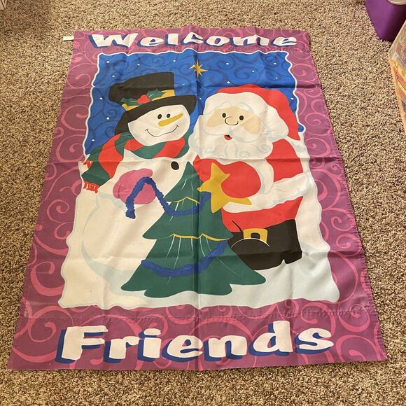 WELCOME FRIENDS Christmas Decorative Double Sided Flag 28”x 40" Santa Snowman - Picture 1 of 5
